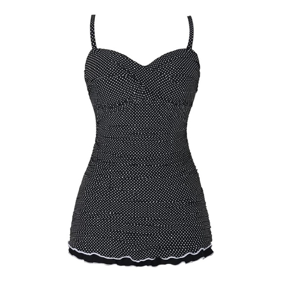Black Polka Dot Swimsuit 1 Pc Pinup Tummy Control Ruffle Retro Swimdress Plus 18 - Picture 1 of 13